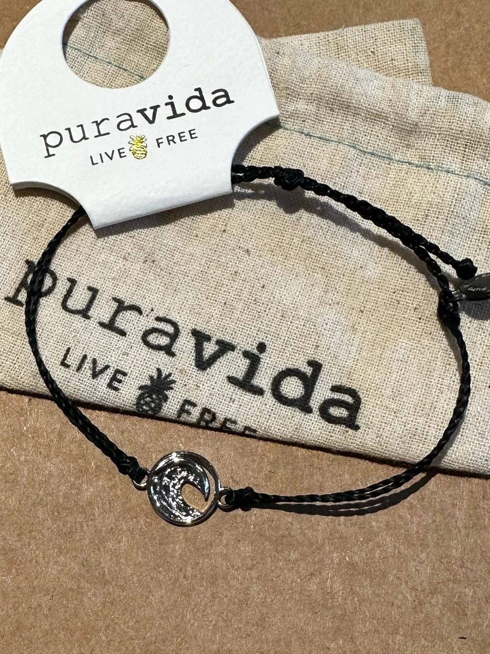 PURA VIDA Silver Swell Charm On Black Bracelet NEW Unisex Last one!